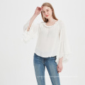 Women Pure Color Sweet one Shoulder Long Puff Sleeve Rayon Blouse Pullover Tops